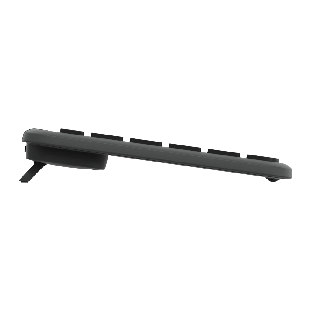 Teclado Logitech Signature Slim K950 Grafite Bluetooth + USB Logi Bolt, detalhe lateral: perfil ultrafino com apoio de pulso