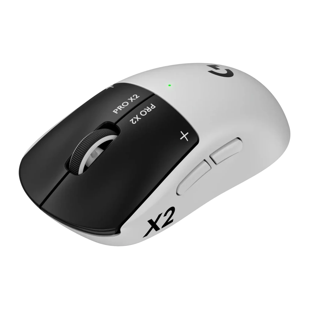 Ratón Gaming Logitech G PRO X2 SUPERSTRIKE Lunar Eclipse Blanco, vista frontal: cuerpo bicolor blanco y negro con rueda