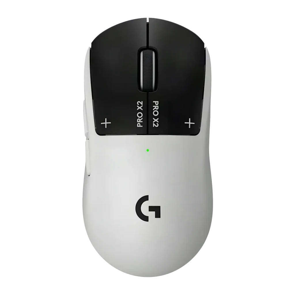 Ratón Gaming Logitech G PRO X2 SUPERSTRIKE Lunar Eclipse Blanco, detalle superior: cuerpo bicolor negro y blanco, logo G