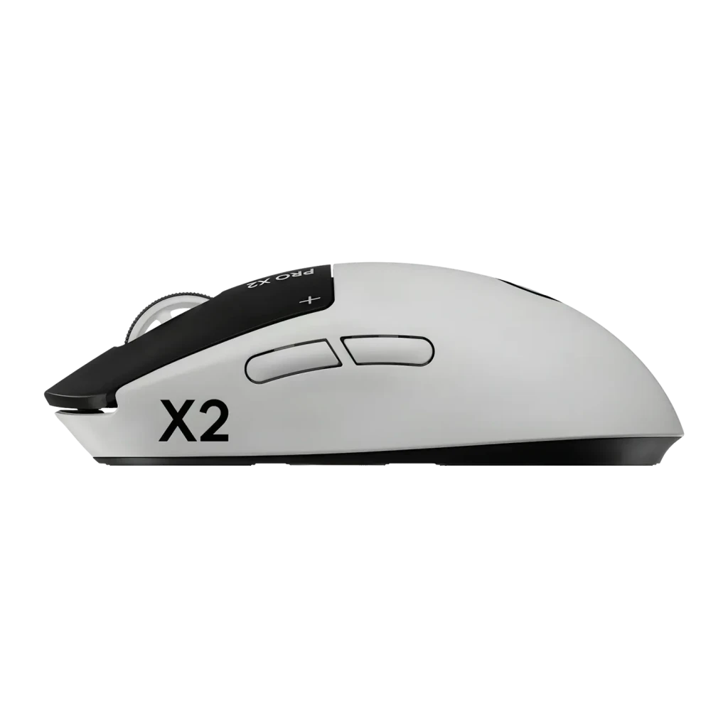 Ratón Gaming Logitech G PRO X2 SUPERSTRIKE Lunar Eclipse Blanco, detalle lateral: logo X2, botones laterales y rueda visibles