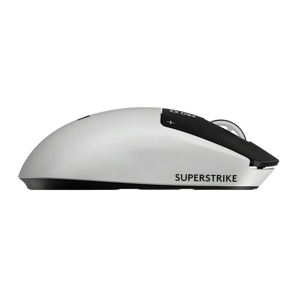 Ratón Gaming Logitech G PRO X2 SUPERSTRIKE Lunar Eclipse Blanco, detalle lateral: carcasa blanca con franja negra y logo PRO