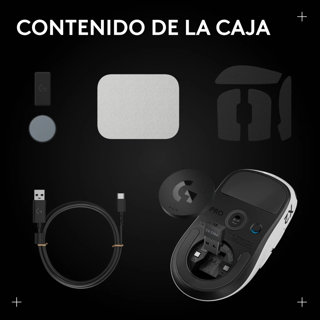 Ratón Gaming Logitech G PRO X2 SUPERSTRIKE Lunar Eclipse Blanco, contenido de la caja: ratón, receptor USB, cable, pies