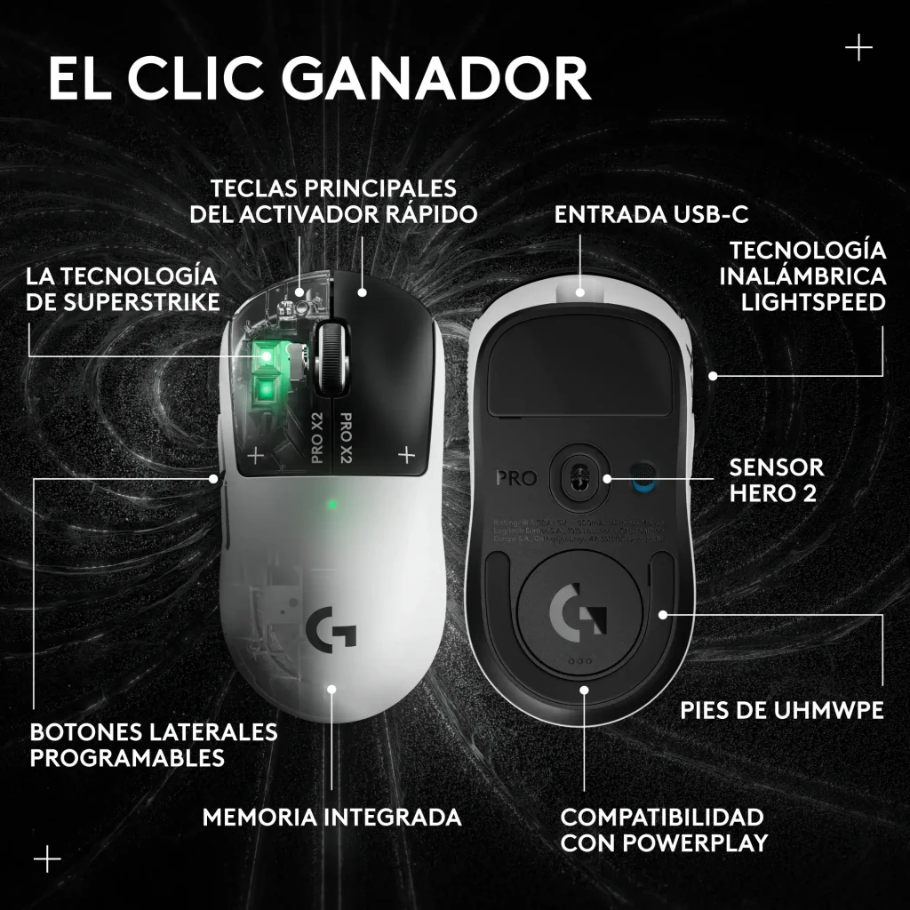 Ratón Gaming Logitech G PRO X2 SUPERSTRIKE Lunar Eclipse Blanco, infografía: interior SUPERSTRIKE, base con sensor HERO 2