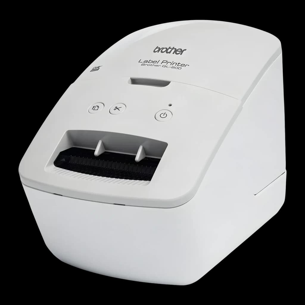 Brother QL-600G Impressora de Etiquetas Térmica Direta Monocromática, vista frontal: carcaça branca, ranhura de saída e três