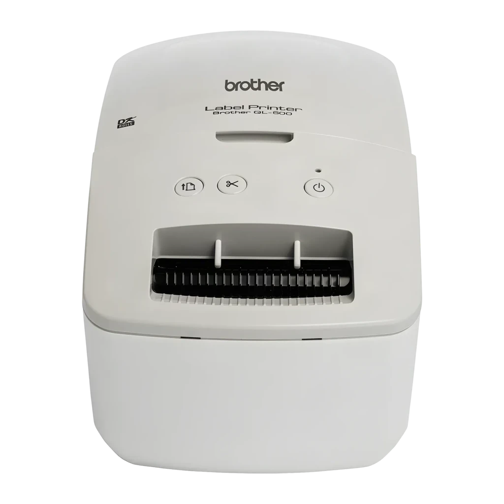 Brother QL-600G Impressora de Etiquetas Térmica Direta Monocromática, detalhe: vista superior com botões, saída de papel