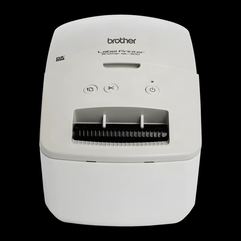 Brother QL-600G Impressora de Etiquetas Térmica Direta Monocromática, detalhe: vista superior com botões, saída de papel
