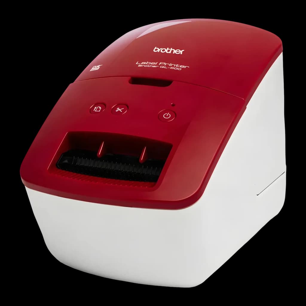 Impresora de etiquetas Brother QL-600R No multifunción Térmica directa Rojo/Blanco, vista frontal: tapa roja con logo