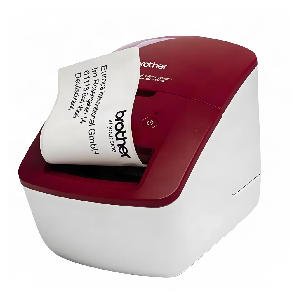 Impresora de etiquetas Brother QL-600R No multifunción Térmica directa Rojo/Blanco, en uso: imprimiendo etiqueta