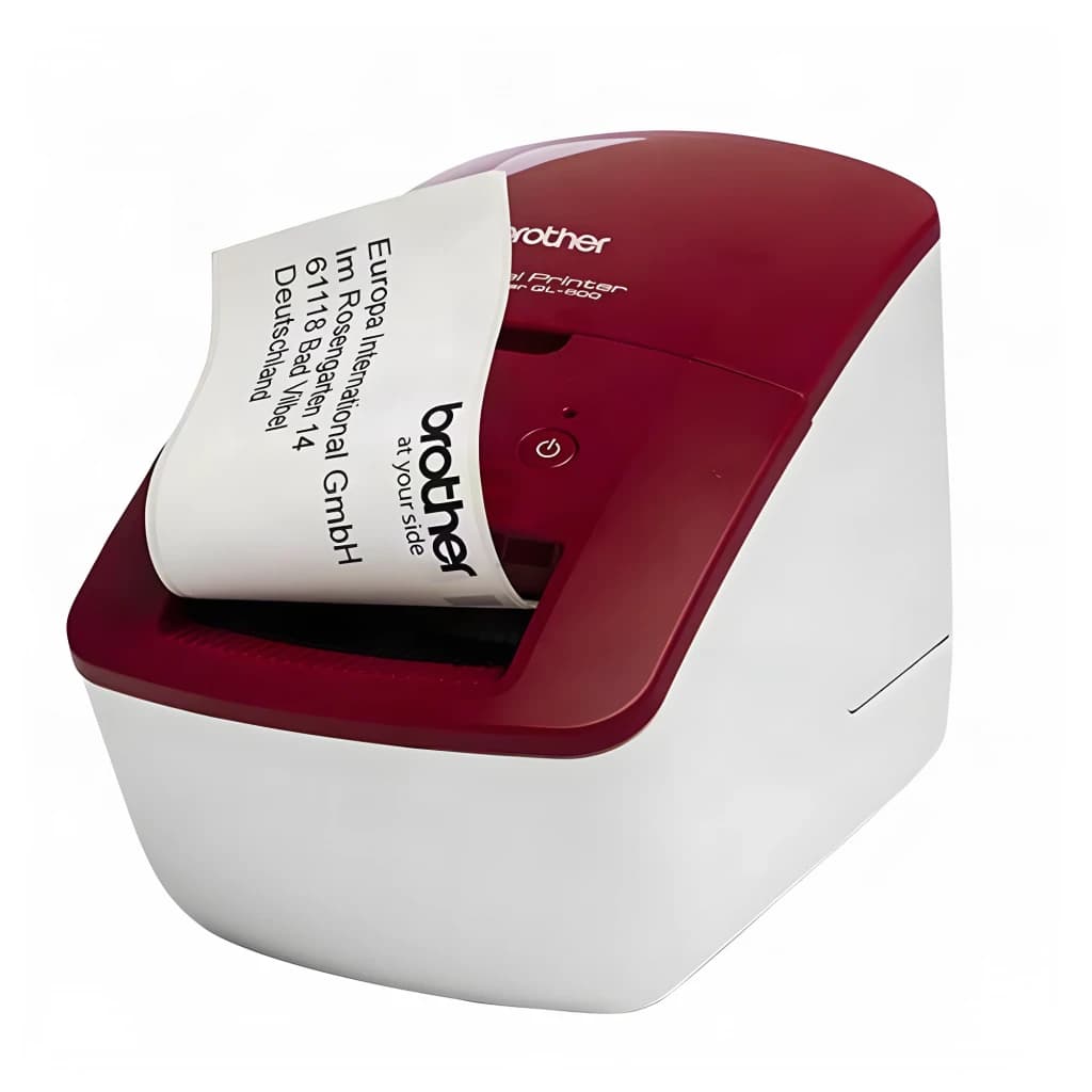 Impresora de etiquetas Brother QL-600R No multifunción Térmica directa Rojo/Blanco, en uso: imprimiendo etiqueta