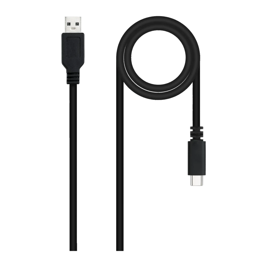 Cable Nanocable USB 2.0 USB-C a USB-A 1m 3A 480Mbit/s Negro, vista frontal: conector USB-A arriba y USB-C abajo, cable
