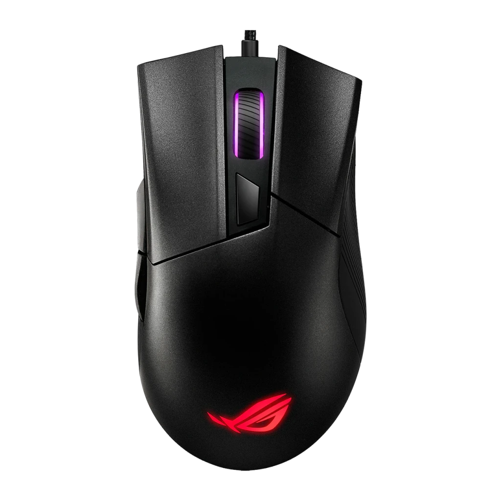 Souris Gaming ASUS ROG Gladius II Core 6200 DPI RGB Noir, vue de face: molette éclairée en violet et logo ROG rouge