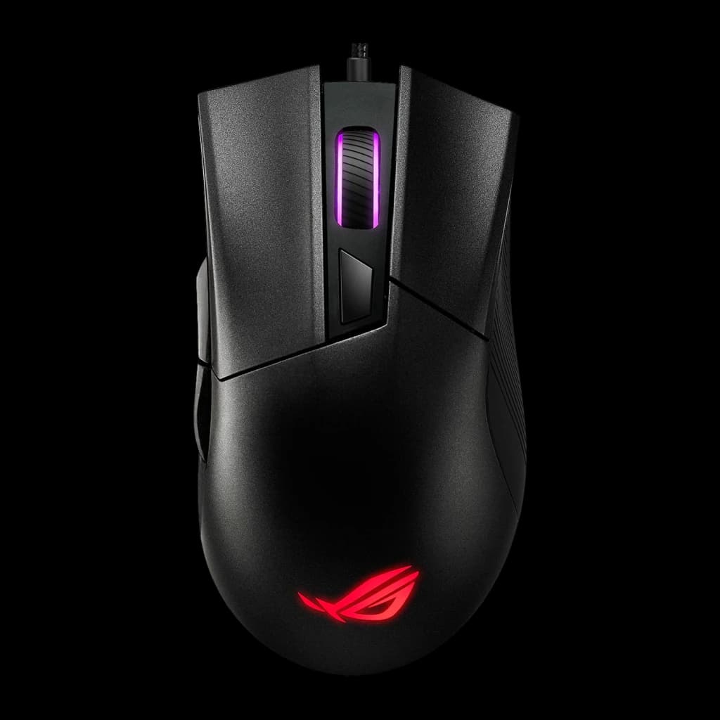 Souris Gaming ASUS ROG Gladius II Core 6200 DPI RGB Noir, vue de face: molette éclairée en violet et logo ROG rouge