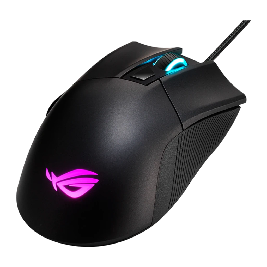 Souris Gaming ASUS ROG Gladius II Core 6200 DPI RGB Noir, détail: logo ROG éclairé en magenta et molette avec lumière bleue