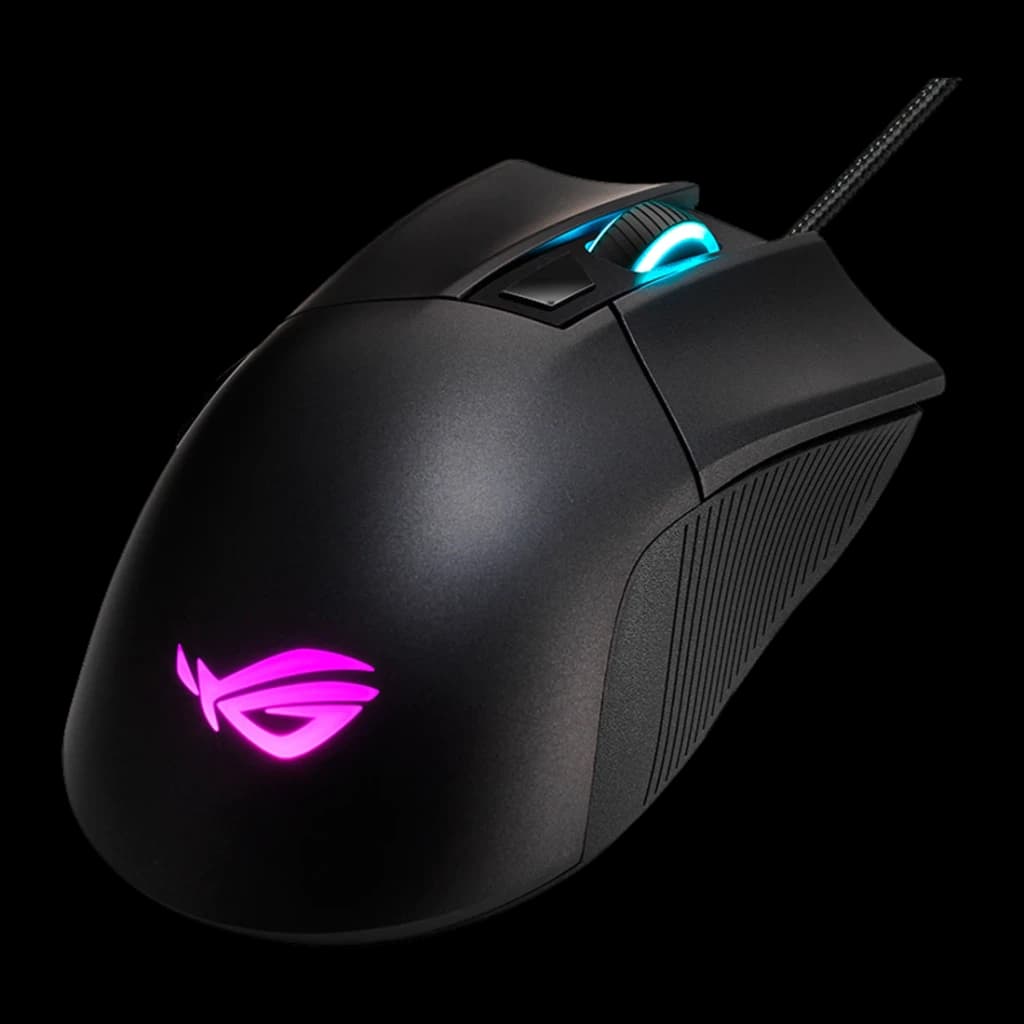 Souris Gaming ASUS ROG Gladius II Core 6200 DPI RGB Noir, détail: logo ROG éclairé en magenta et molette avec lumière bleue