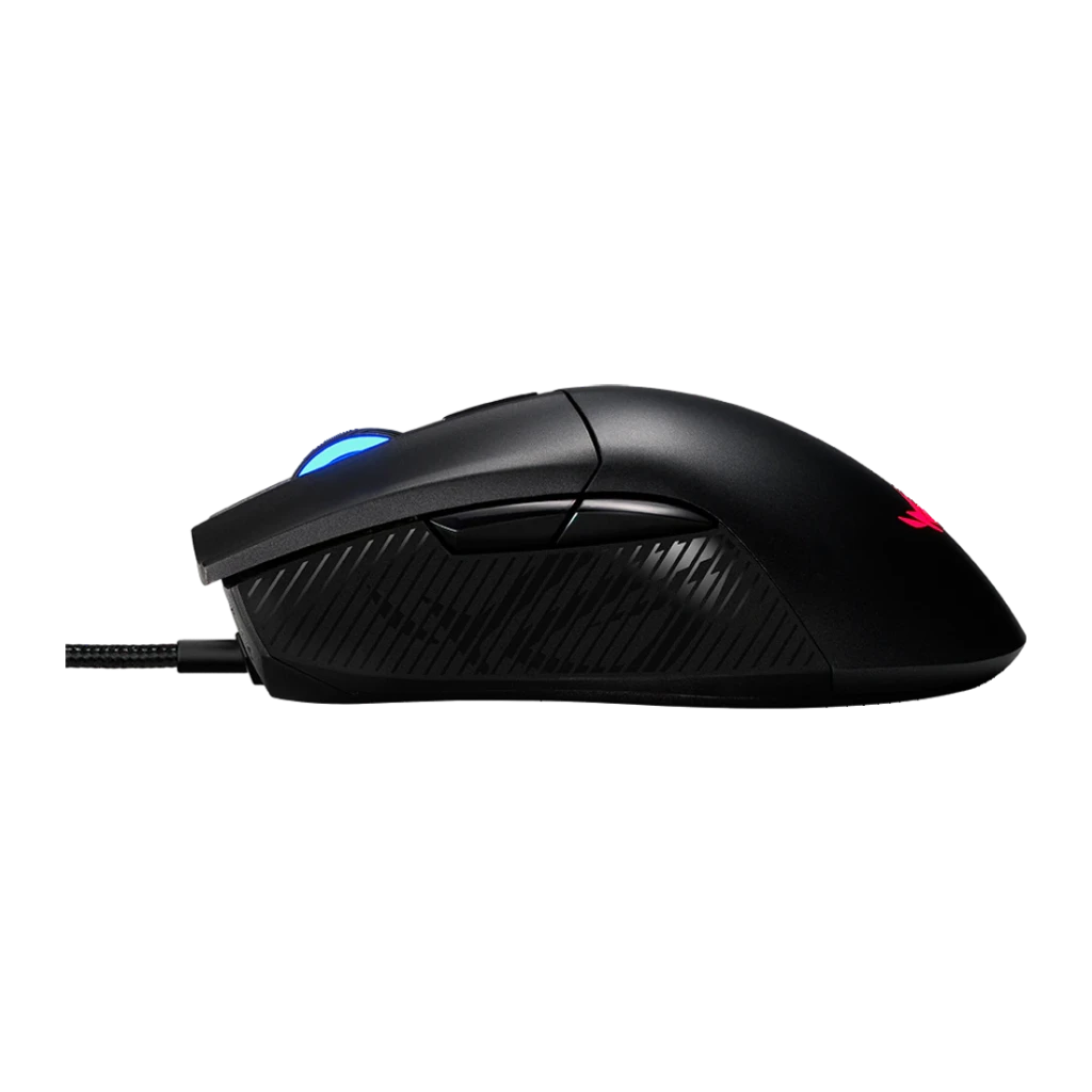 Souris Gaming ASUS ROG Gladius II Core 6200 DPI RGB Noir, détail latéral: molette RGB bleue, logo ROG rouge et texture