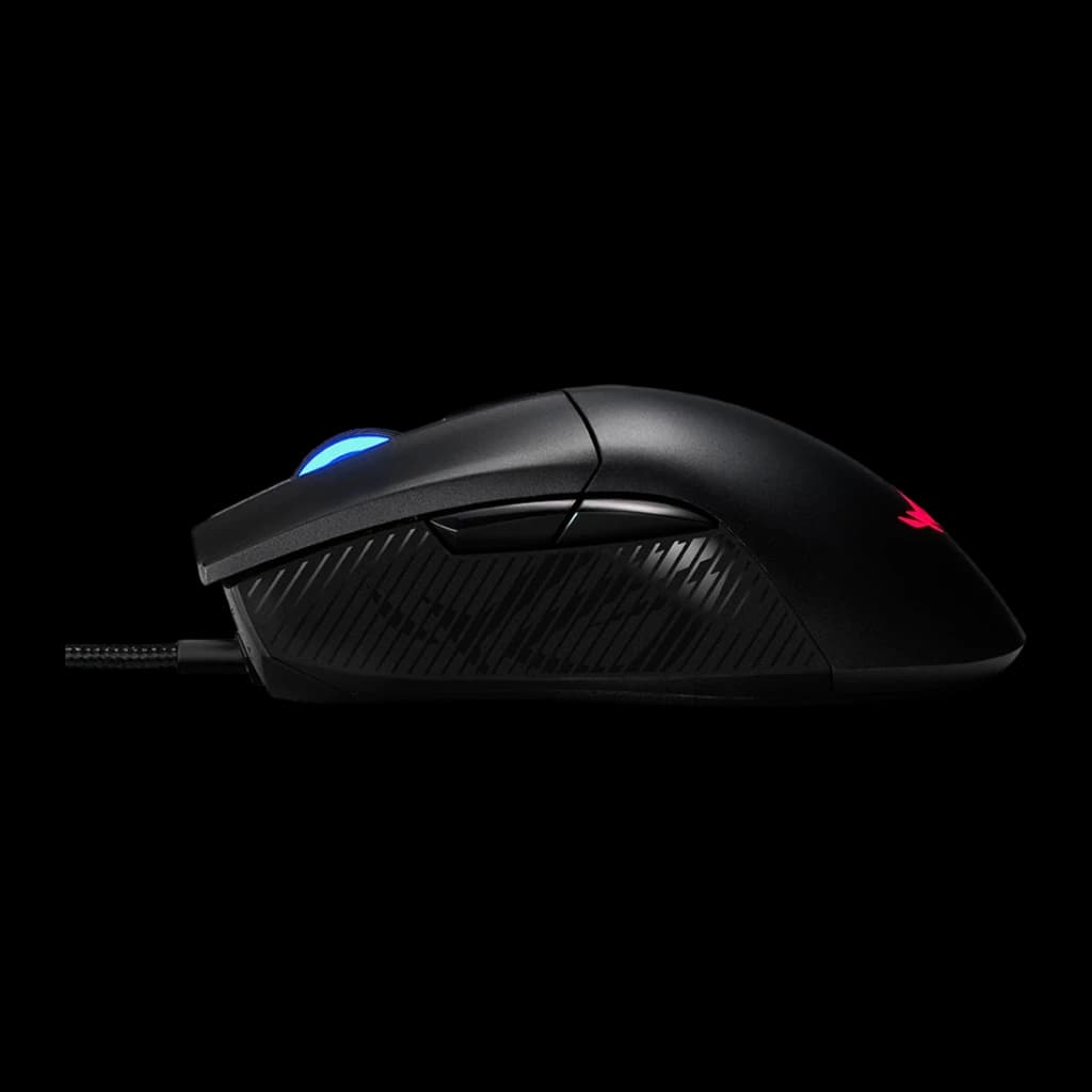 Souris Gaming ASUS ROG Gladius II Core 6200 DPI RGB Noir, détail latéral: molette RGB bleue, logo ROG rouge et texture