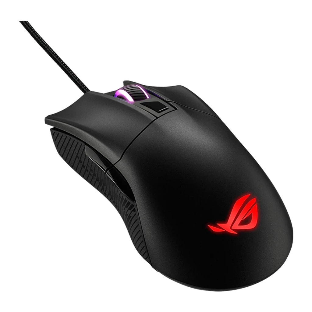 Souris Gaming ASUS ROG Gladius II Core 6200 DPI RGB Noir, vue arrière: logo ROG rouge éclairé, molette RGB violette et grip