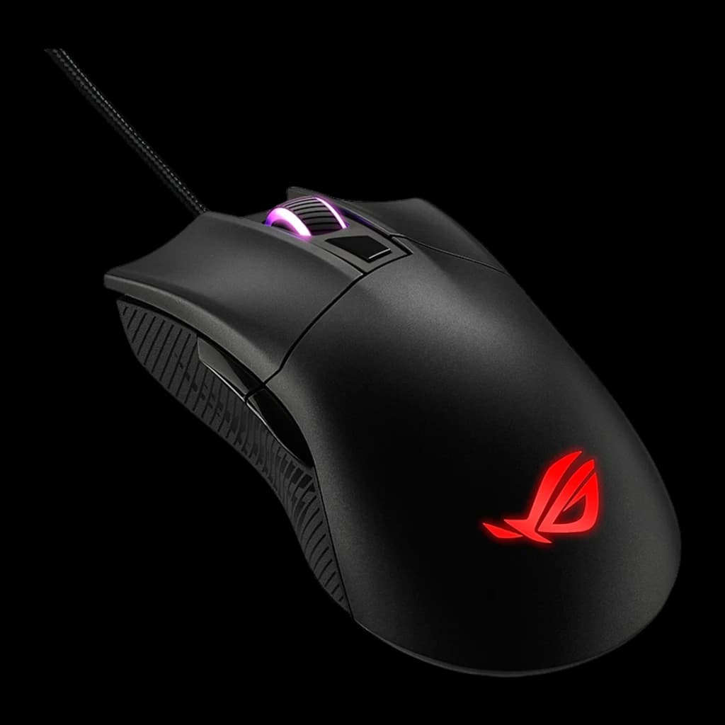 Souris Gaming ASUS ROG Gladius II Core 6200 DPI RGB Noir, vue arrière: logo ROG rouge éclairé, molette RGB violette et grip
