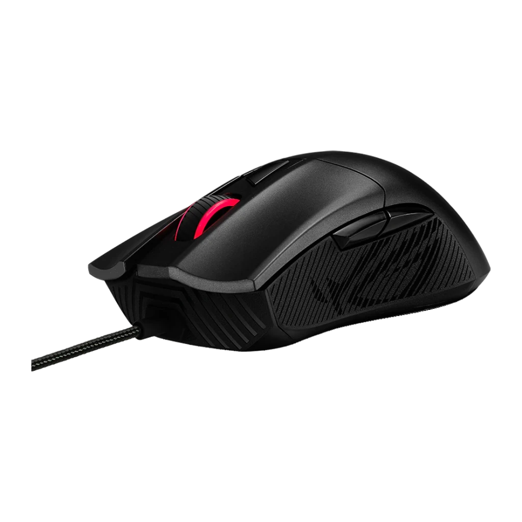 Souris Gaming ASUS ROG Gladius II Core 6200 DPI RGB Noir, détail: vue latérale avec molette éclairée en rouge et panneau