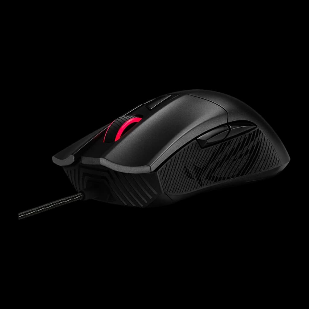 Souris Gaming ASUS ROG Gladius II Core 6200 DPI RGB Noir, détail: vue latérale avec molette éclairée en rouge et panneau