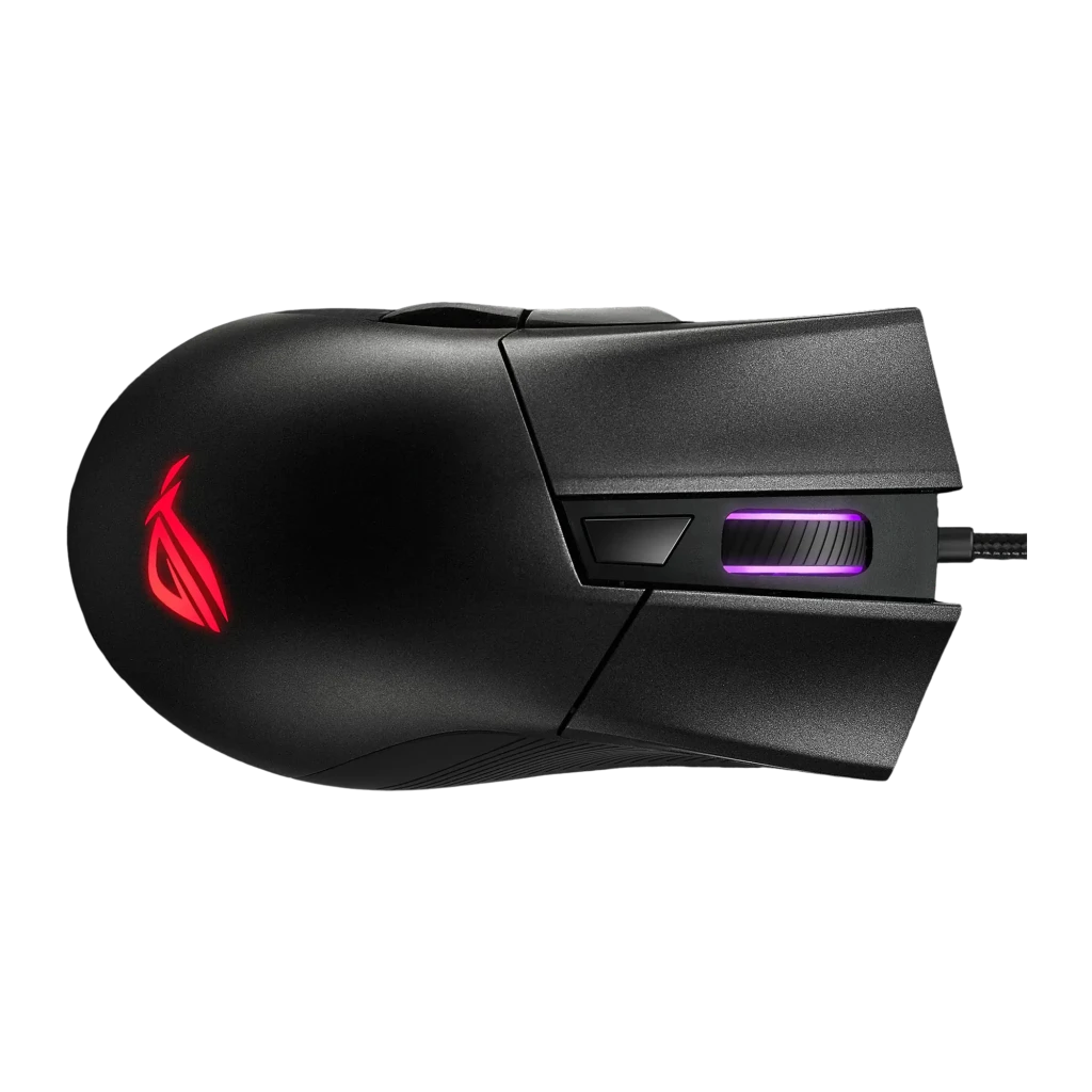 Souris Gaming ASUS ROG Gladius II Core 6200 DPI RGB Noir, détail: vue du dessus avec logo ROG rouge et bouton DPI