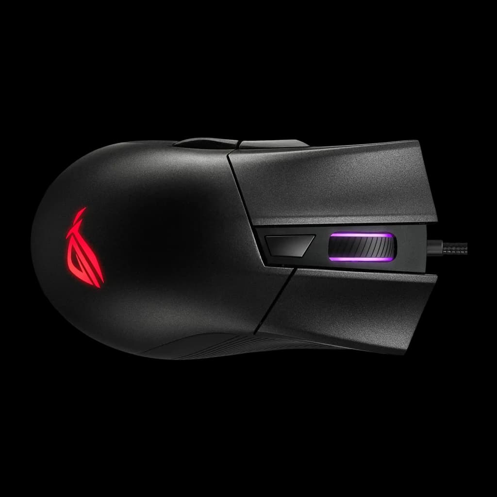 Souris Gaming ASUS ROG Gladius II Core 6200 DPI RGB Noir, détail: vue du dessus avec logo ROG rouge et bouton DPI