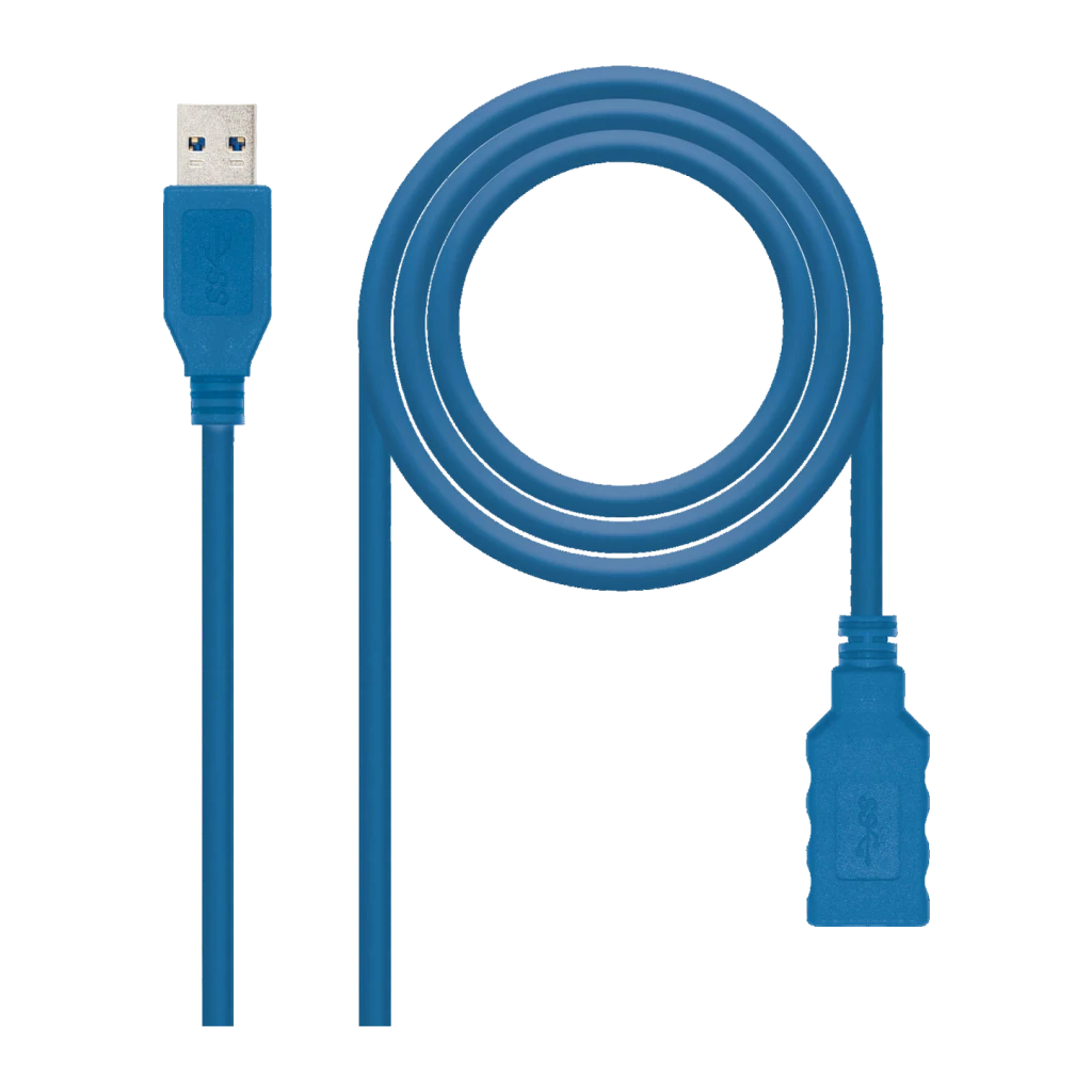 Cable Nanocable USB 3.0 Tipo A Macho/Hembra 2m USB-A a USB-A Azul, vista frontal: conector macho y hembra azules con cable