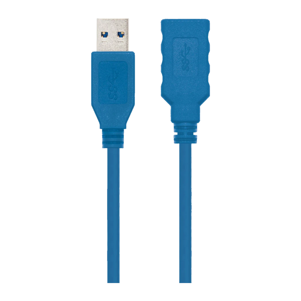 Cable Nanocable USB 3.0 Tipo A Macho/Hembra 2m USB-A a USB-A Azul, detalle: conector macho dorado y hembra con icono USB