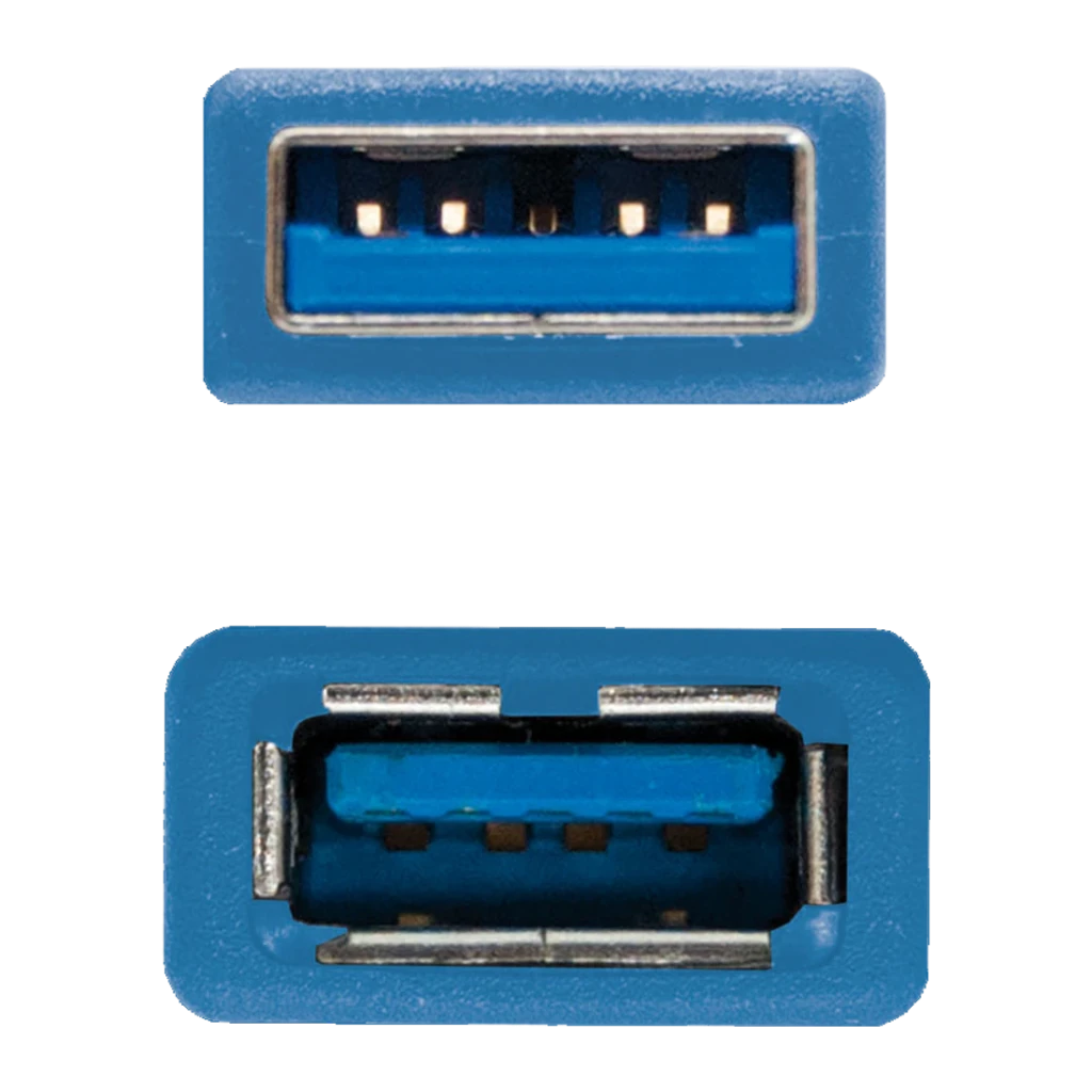Cable Nanocable USB 3.0 Tipo A Macho/Hembra 2m USB-A a USB-A Azul, detalle: conectores macho y hembra en primer plano