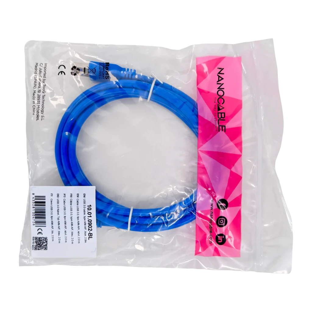 Cable Nanocable USB 3.0 Tipo A Macho/Hembra 2m USB-A a USB-A Azul, contenido de la caja: cable enrollado en bolsa