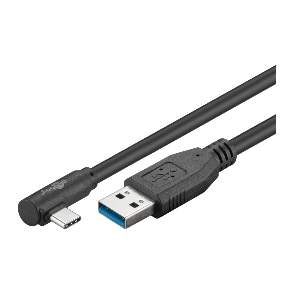 Câble Goobay 66503 USB-C vers USB-A 3.0 Coudé 90° 2 m Noir, vue de face: connecteur USB-A bleu et extrémité USB-C coudée à