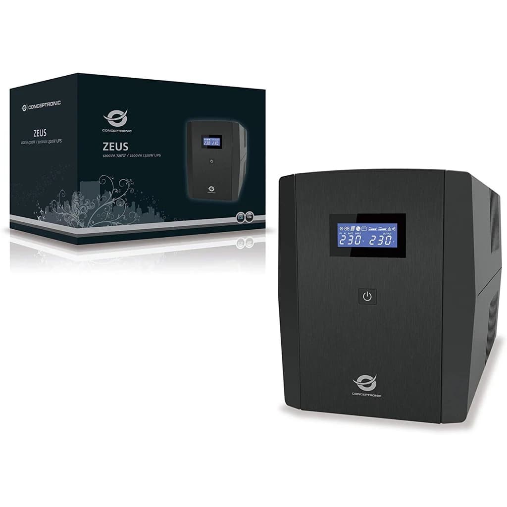 SAI Conceptronic Zeus 03E 1200VA 720W Línea Interactiva Negro, contenido de la caja: SAI negro con pantalla LCD y caja