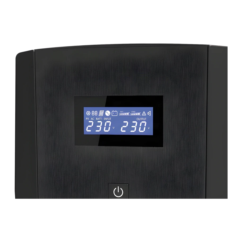 SAI Conceptronic Zeus 03E 1200VA 720W Línea Interactiva Negro, detalle: pantalla LCD azul con voltaje 230V entrada y salida