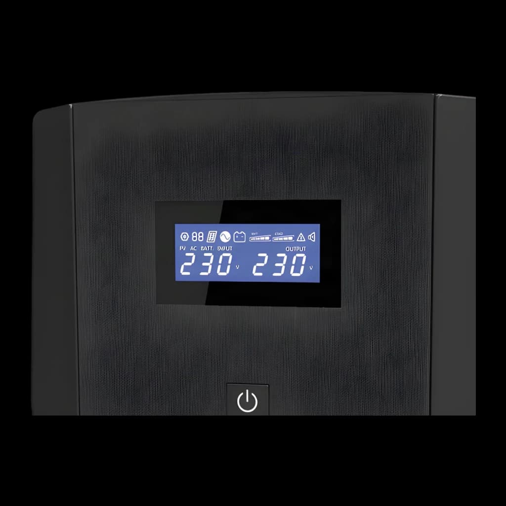 SAI Conceptronic Zeus 03E 1200VA 720W Línea Interactiva Negro, detalle: pantalla LCD azul con voltaje 230V entrada y salida