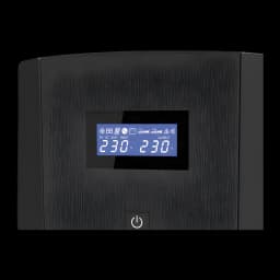 SAI Conceptronic Zeus 03E 1200VA 720W Línea Interactiva Negro, detalle: pantalla LCD azul con voltaje 230V entrada y salida