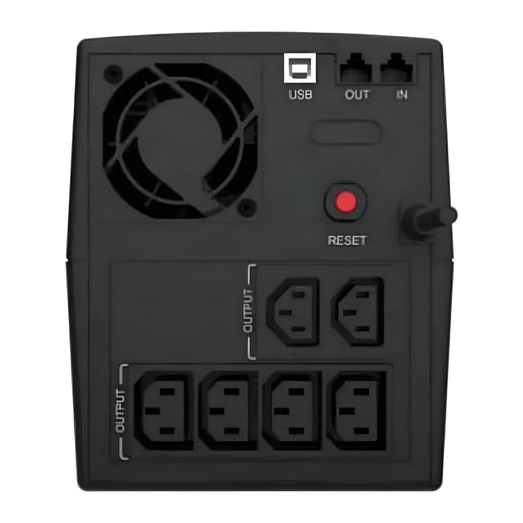 SAI Conceptronic Zeus 03E 1200VA 720W Línea Interactiva Negro, vista trasera: ventilador, puerto USB, puertos RJ45, botón