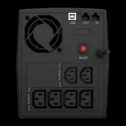 SAI Conceptronic Zeus 03E 1200VA 720W Línea Interactiva Negro, vista trasera: ventilador, puerto USB, puertos RJ45, botón