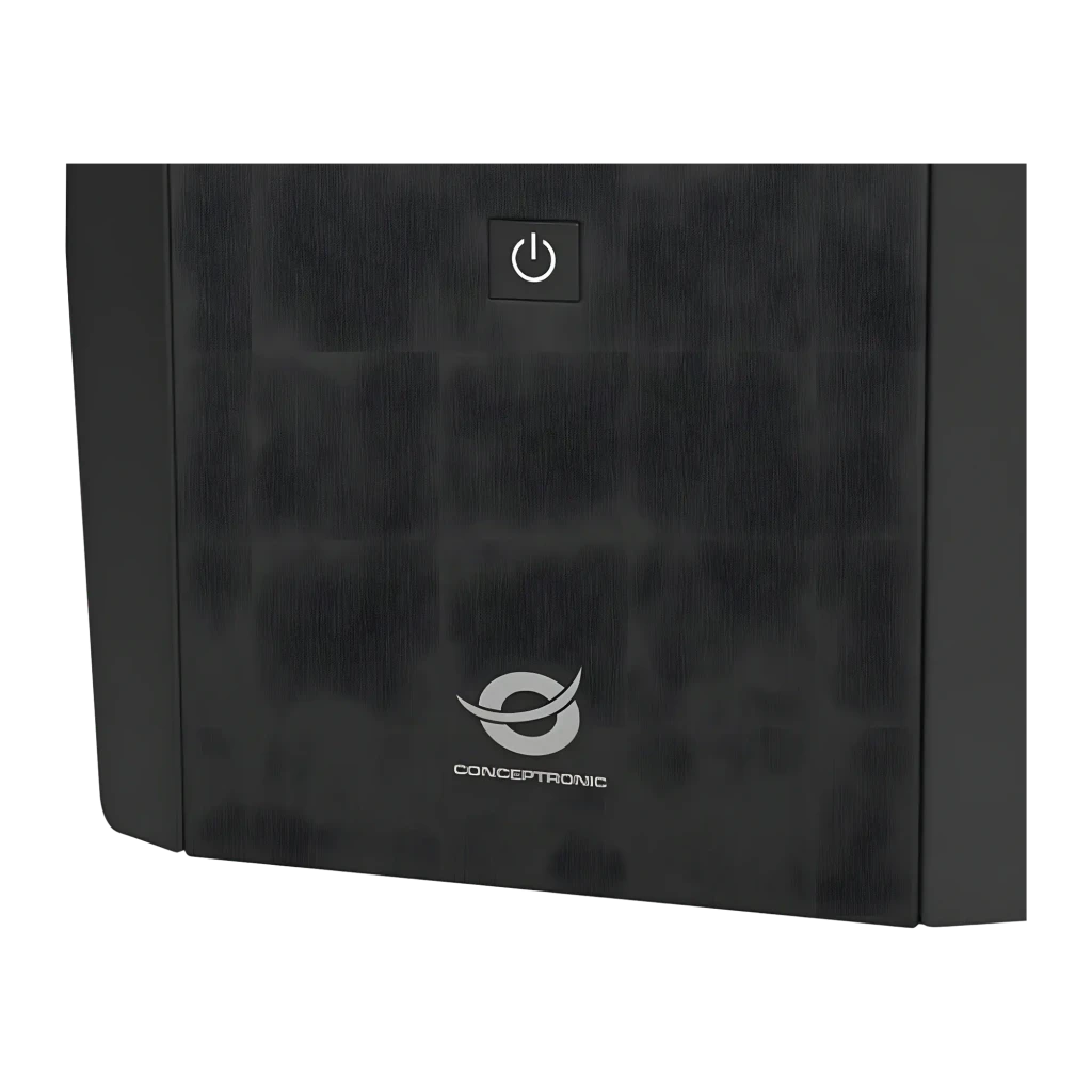 SAI Conceptronic Zeus 03E 1200VA 720W Línea Interactiva Negro, detalle: panel frontal con botón de encendido y logo