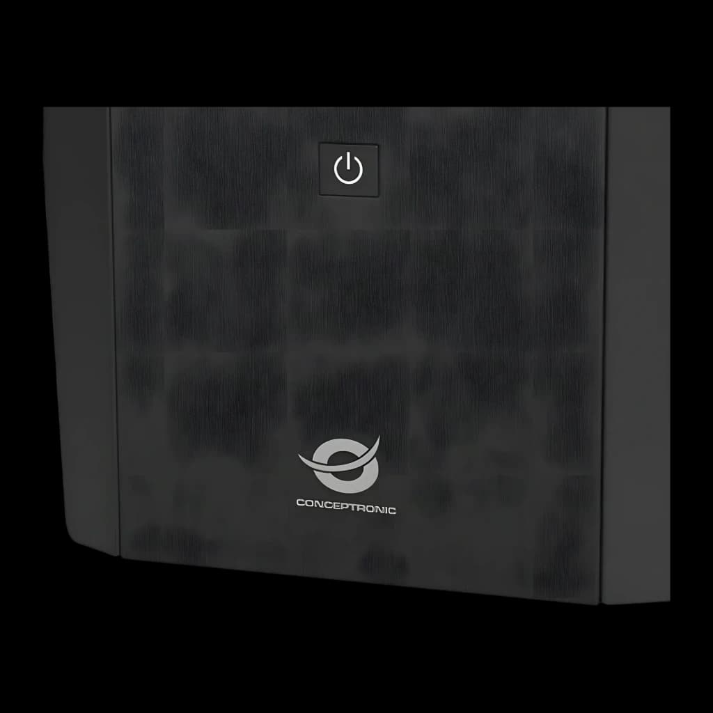 SAI Conceptronic Zeus 03E 1200VA 720W Línea Interactiva Negro, detalle: panel frontal con botón de encendido y logo