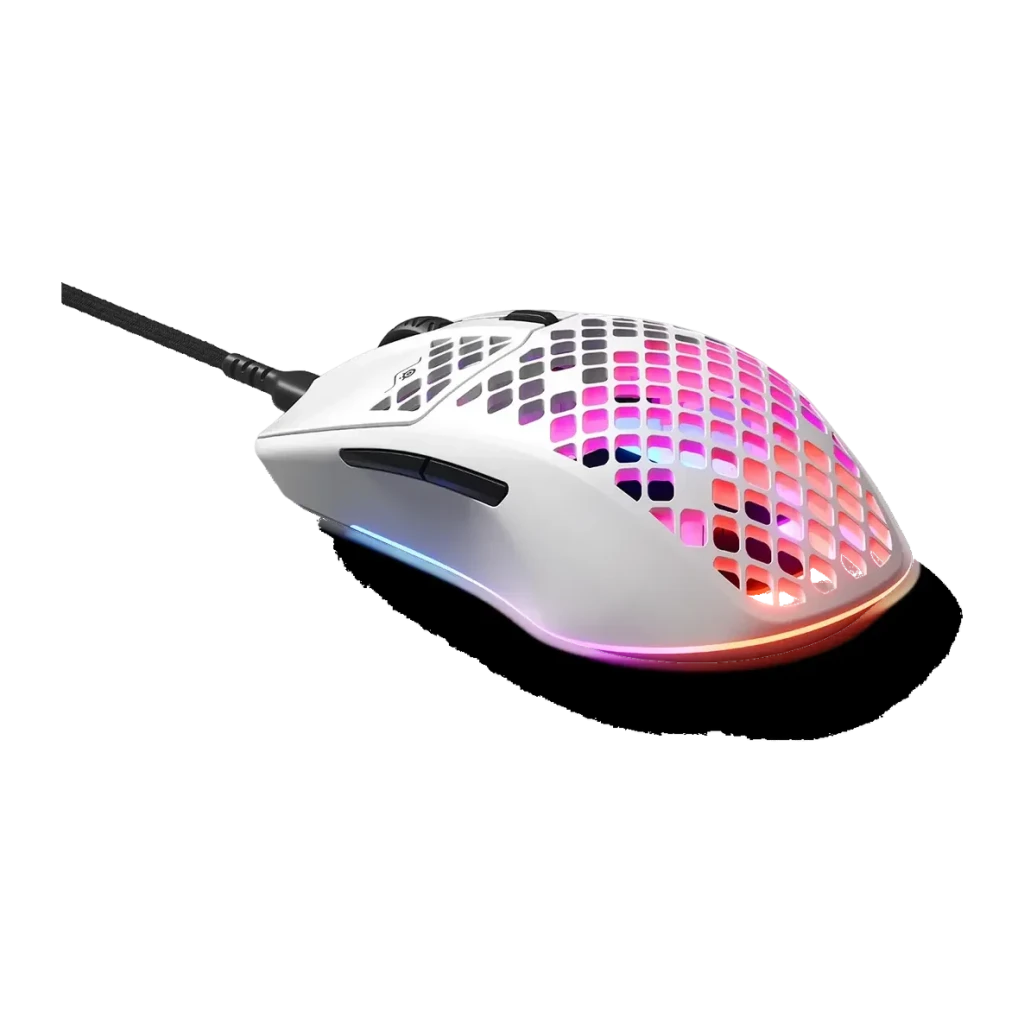 Souris Gaming SteelSeries Aerox 3 (2022) Snow 8500 DPI RGB Blanc, vue de face: coque perforée avec éclairage RGB rose