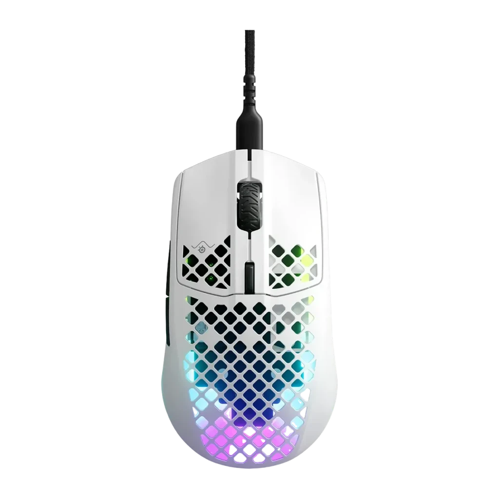 Souris Gaming SteelSeries Aerox 3 (2022) Snow 8500 DPI RGB Blanc, détail dessus: coque perforée avec éclairage RGB