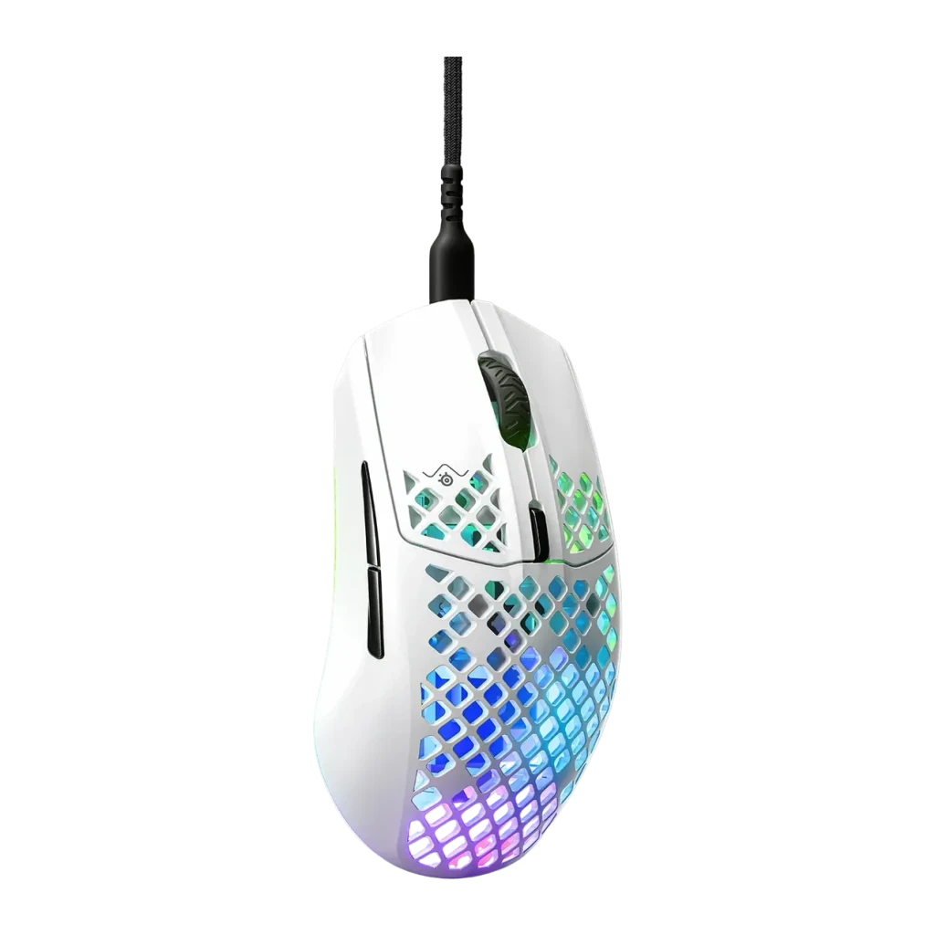 Souris Gaming SteelSeries Aerox 3 (2022) Snow 8500 DPI RGB Blanc, détail: coque perforée avec éclairage RGB bleu et vert