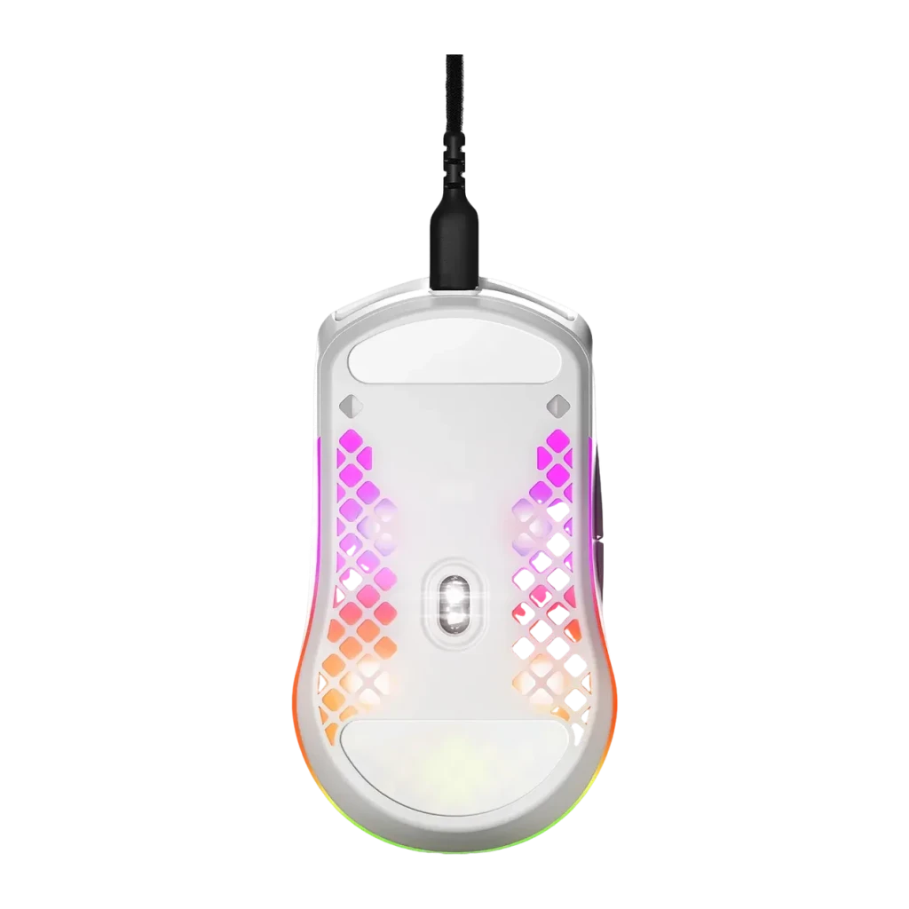 Souris Gaming SteelSeries Aerox 3 (2022) Snow 8500 DPI RGB Blanc, vue arrière: coque perforée avec éclairage RGB rose