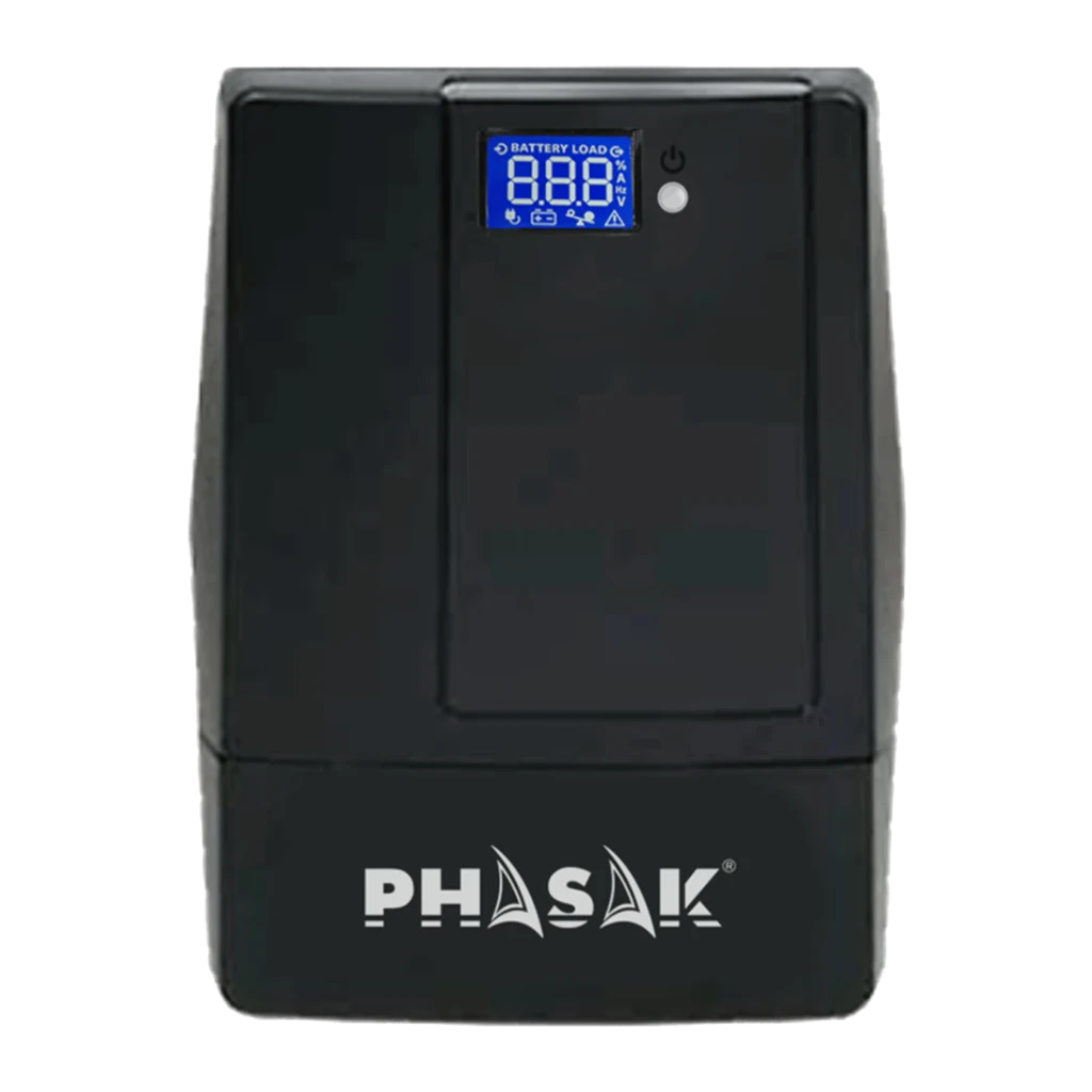SAI Phasak Essential Interativo 2000 VA 1200W Preto PH 9420, detalhe: painel frontal com ecrã LCD azul e botão de energia