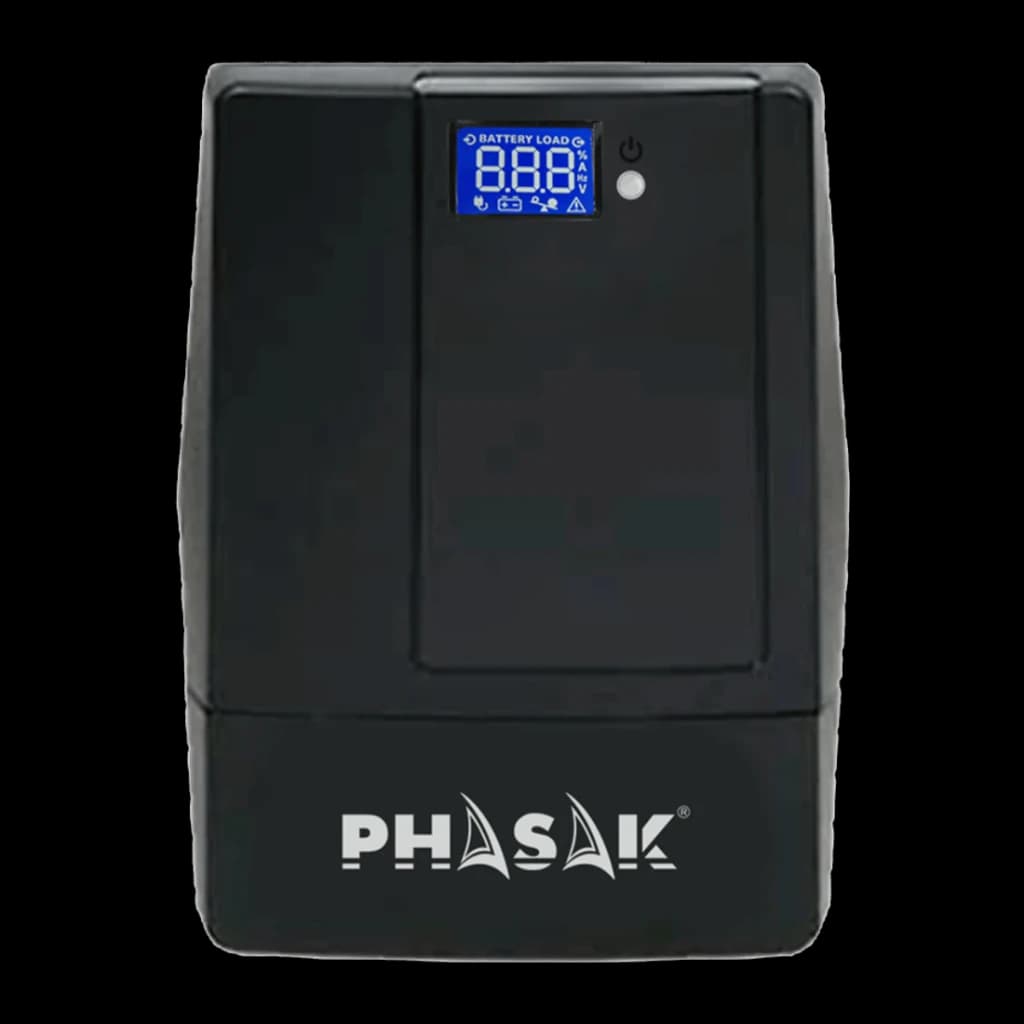 SAI Phasak Essential Interativo 2000 VA 1200W Preto PH 9420, detalhe: painel frontal com ecrã LCD azul e botão de energia