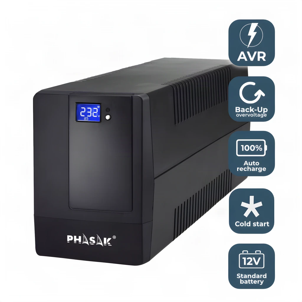 SAI Phasak Essential Interativo 2000 VA 1200W Preto PH 9420, vista lateral: ecrã LCD azul e ícones AVR, Back-Up, Auto
