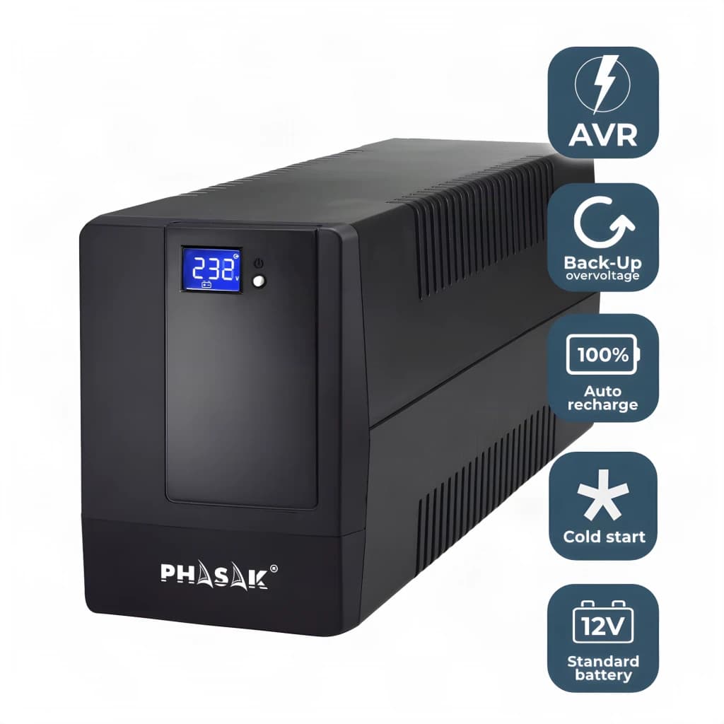 SAI Phasak Essential Interativo 2000 VA 1200W Preto PH 9420, vista lateral: ecrã LCD azul e ícones AVR, Back-Up, Auto