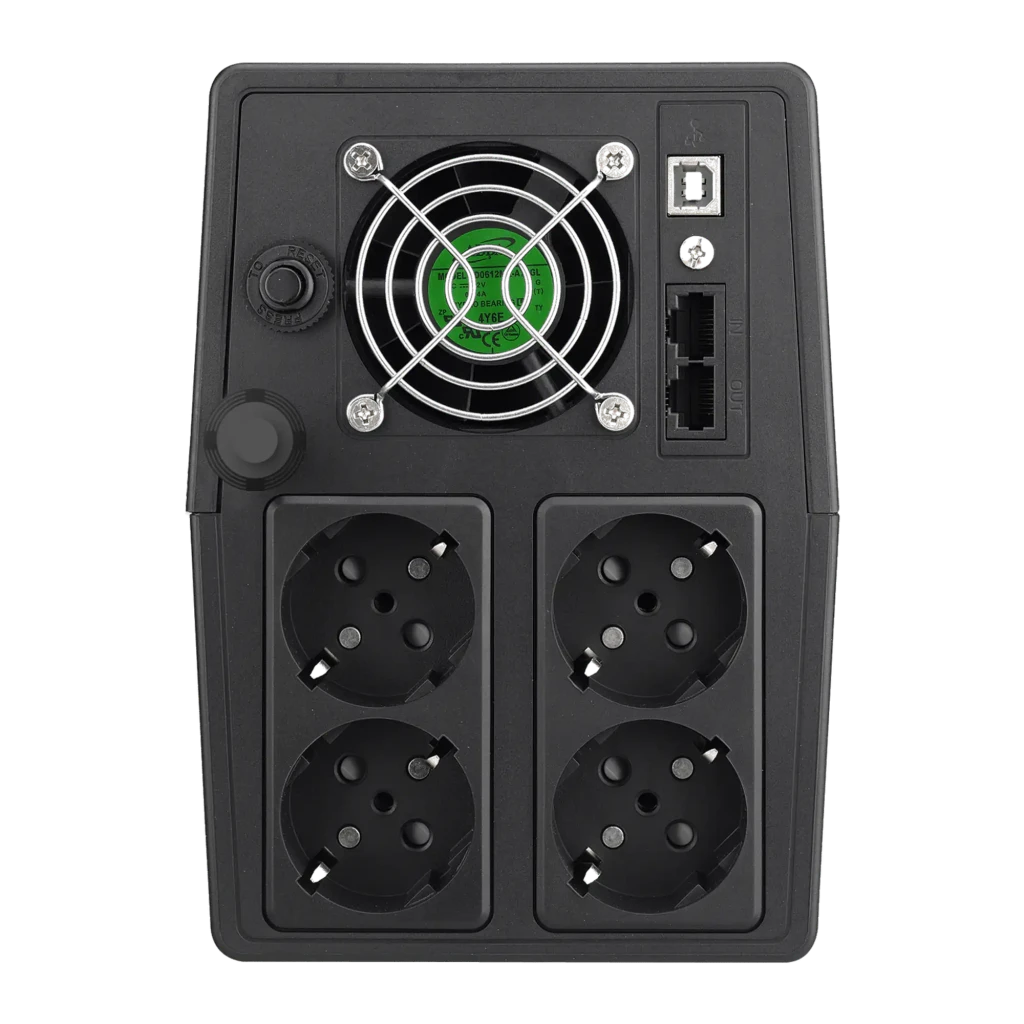 SAI Phasak Essential Interativo 2000 VA 1200W Preto PH 9420, vista traseira: 4 tomadas Schuko, ventoinha, portas USB e RJ45