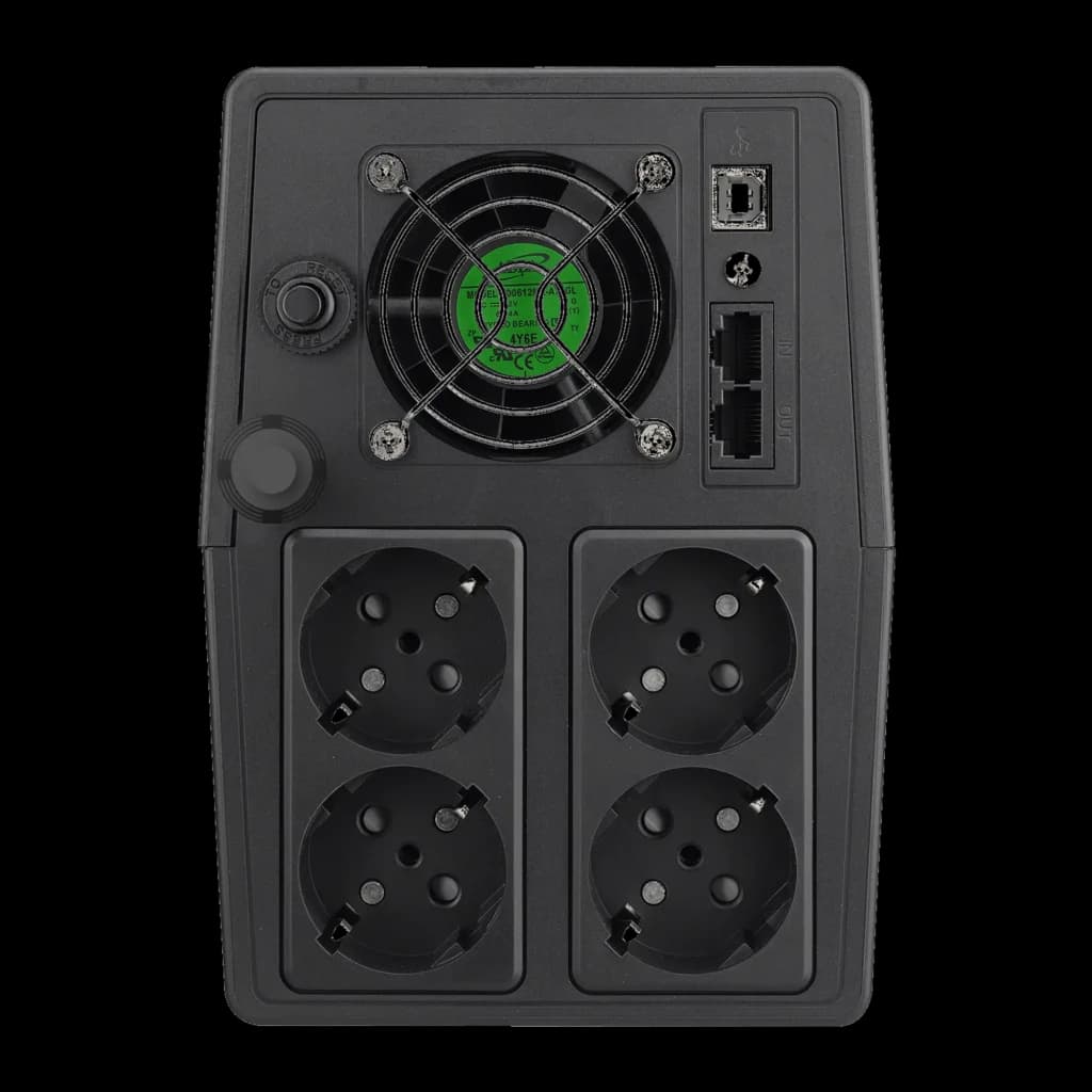SAI Phasak Essential Interativo 2000 VA 1200W Preto PH 9420, vista traseira: 4 tomadas Schuko, ventoinha, portas USB e RJ45