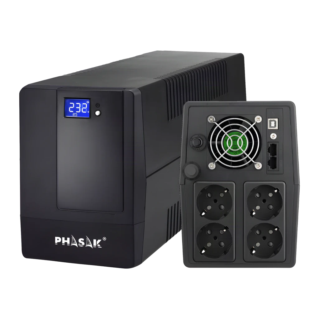 SAI Phasak Essential Interativo 2000 VA 1200W Preto PH 9420, detalhe: frente com ecrã LCD e painel traseiro com ventoinha, 4